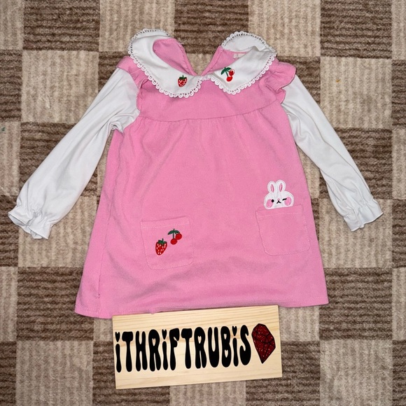 Pink and White Dress with Strawberry and Bunny Accents - Picture 1 of 2